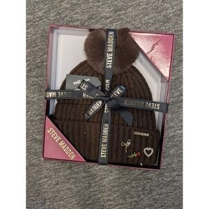 Steve Madden Womens Brown Ribbed Beanie Hat Faux Fur NWT